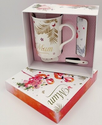 &#39;Mum&#39; mug, coaster and spoon flamingo gift set