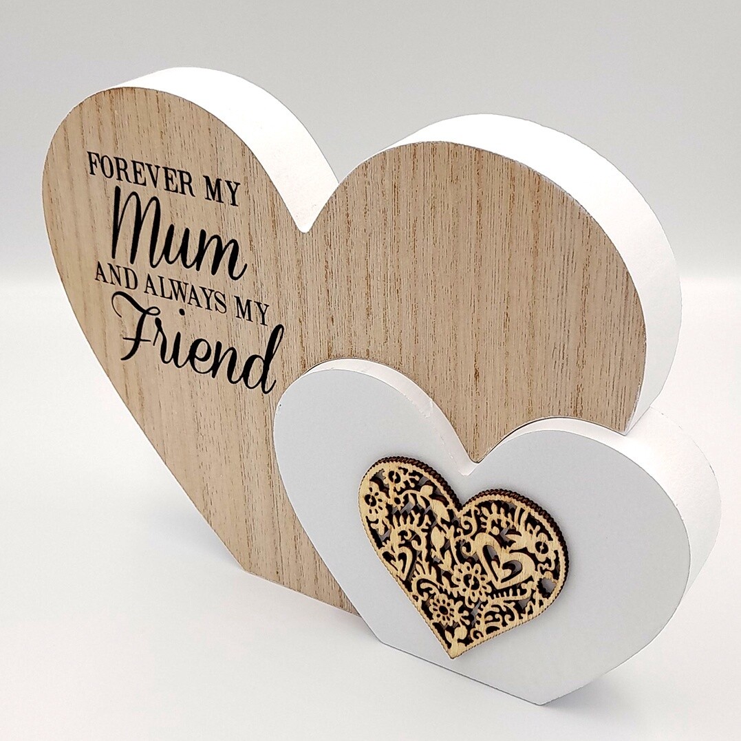 &#39;Forever my Mum and always my friend&#39; wooden hearts ornament