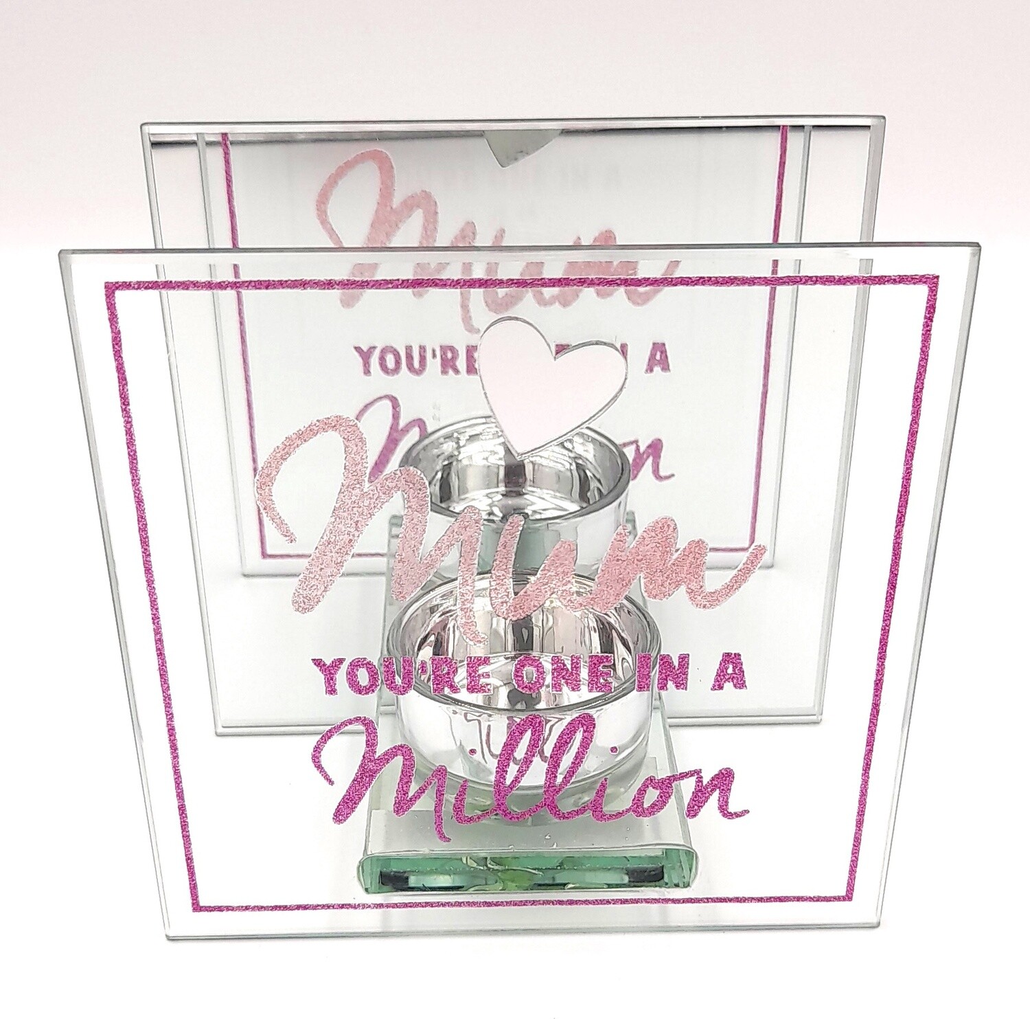 Mirrored glass tea-lite holder &#39;Mum you&#39;re one in a million&#39;