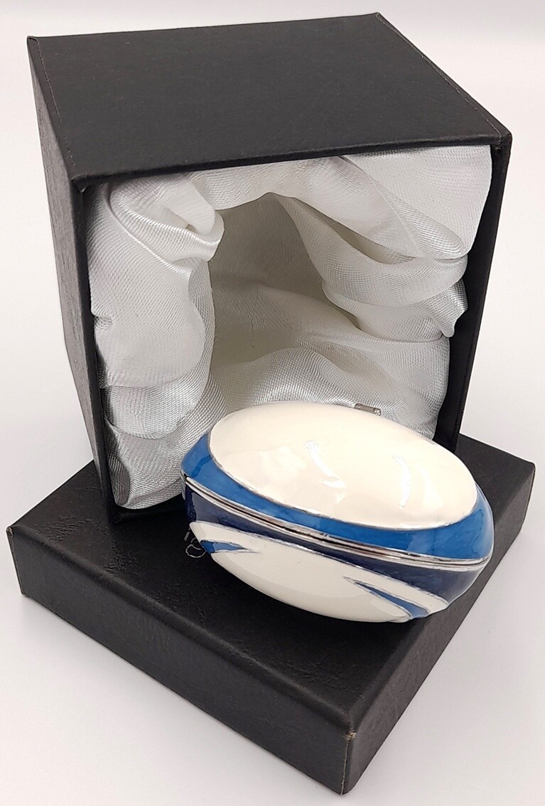 Blue &amp; ivory rugby ball enamel trinket / pill box