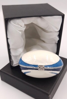 Blue &amp; ivory rugby ball enamel trinket / pill box