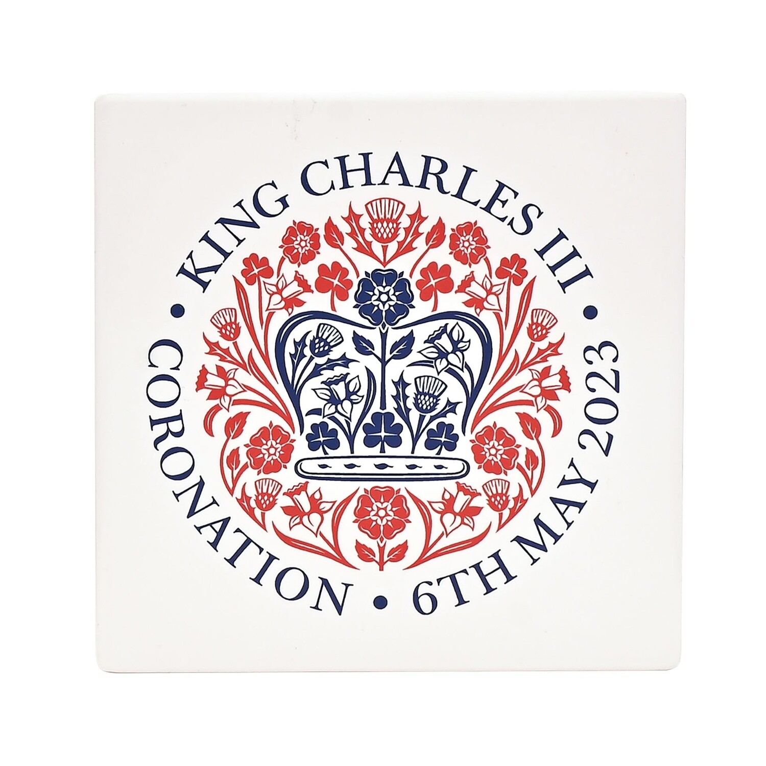 King Charles lll Square White Coaster in Ceramic &amp; Cork Finish - Official Logo