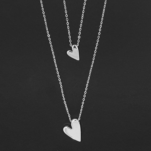 Double Chain Hanging Hearts Silver Plated Necklace