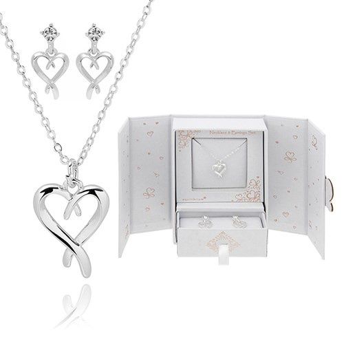 Silver Plated Kissing Heart Necklace &amp; Earrings Gift Set