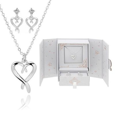 Silver Plated Kissing Heart Necklace &amp; Earrings Gift Set