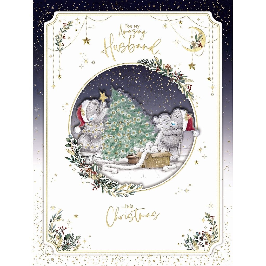 Husband Bears Decorating Tree - Boxed Christmas Card