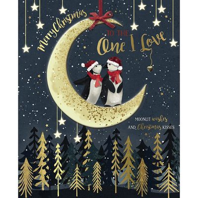 One I Love Penguins Stood On Moon - Boxed Christmas Card