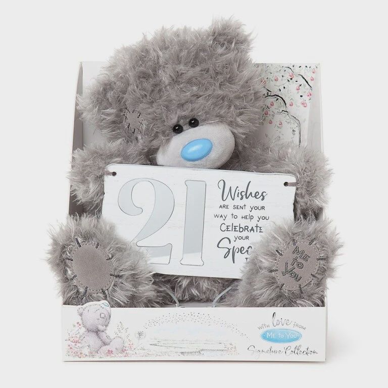 Tatty Ted 21st Birthday Bear, holding plaque