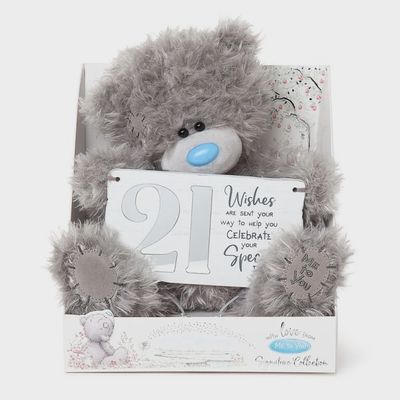 Tatty Ted 21st Birthday Bear, holding plaque