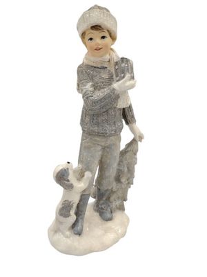 Hestia Boy in Snowy Scene Playing with Dog Figurine