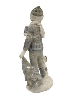 Hestia Boy in Snowy Scene Playing with Dog Figurine