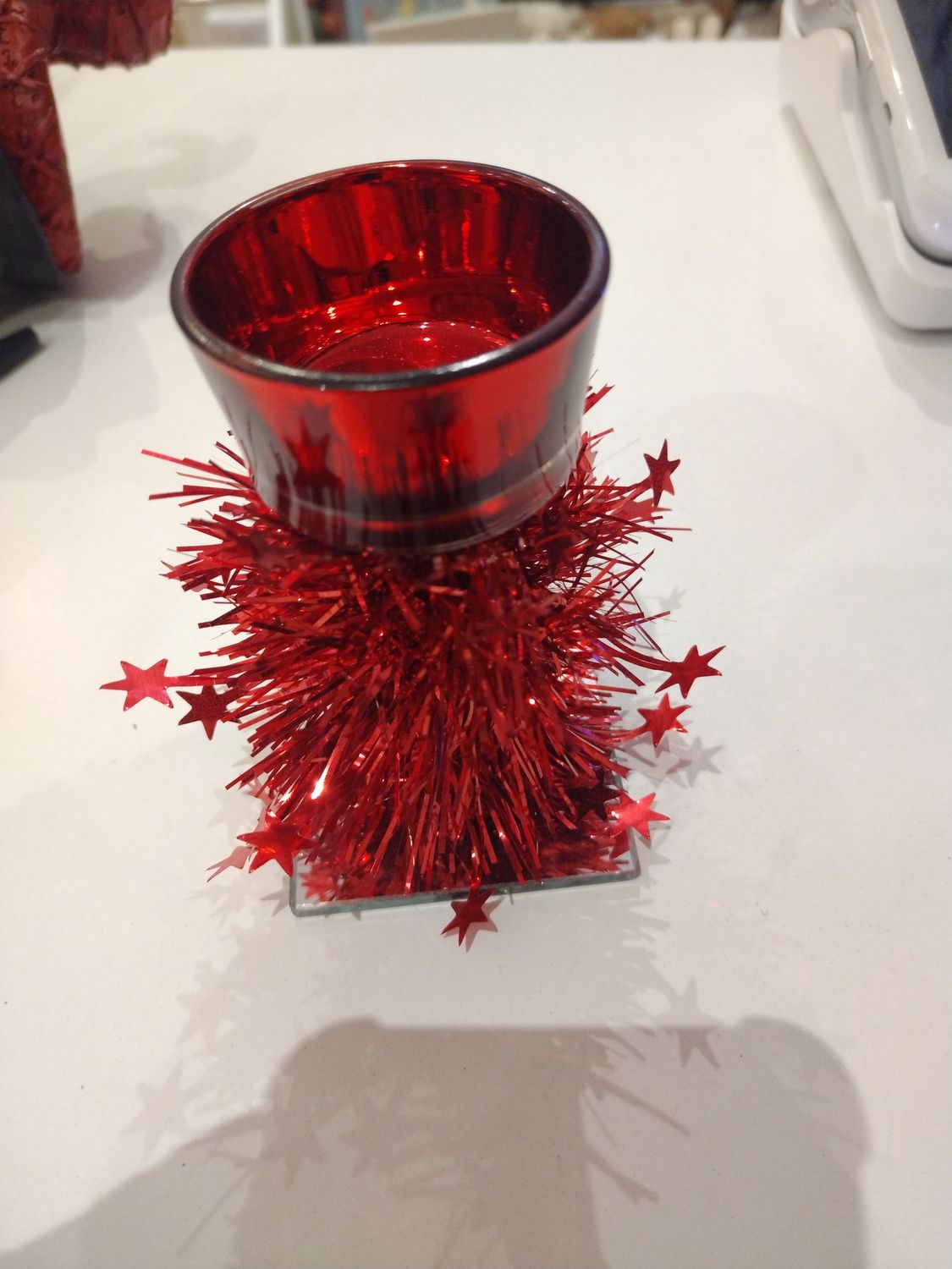 Red Candle Holder with Tinsel