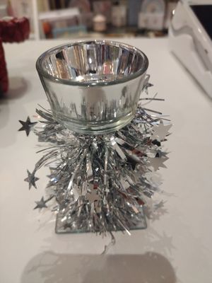 Silver Candle Holder with Tinsel