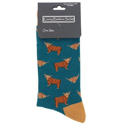 Men's Bamboo Socks Highland Coo Teal