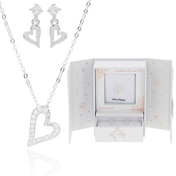 Gift Set Silver Plated Glam Heart Necklace &amp; Earrings
