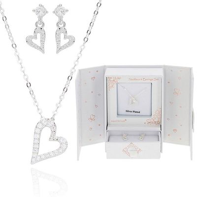 Gift Set Silver Plated Glam Heart Necklace &amp; Earrings