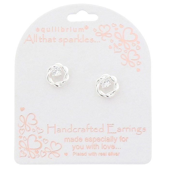 All That Sparkles Twisted Circle Silver Plated Stud Earrings