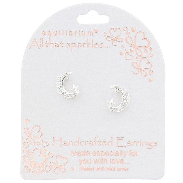 All That Sparkles Moon Stars Silver Plated Stud Earrings