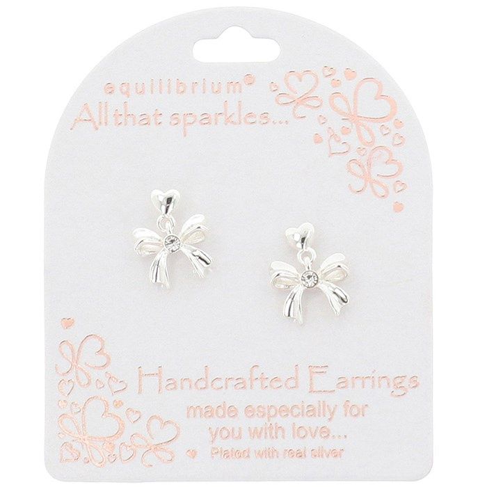 All That Sparkles Pretty Bow Pearl Silver Plated Dangly Earrings