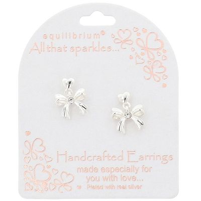 All That Sparkles Pretty Bow Pearl Silver Plated Dangly Earrings