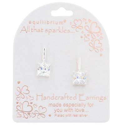 All That Sparkle Suspended Square Silver Plated Dangly Earrings