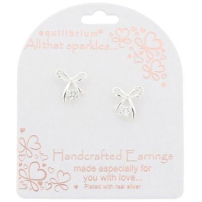 All That Sparkles Chic Bow Silver Plated Stud Earrings