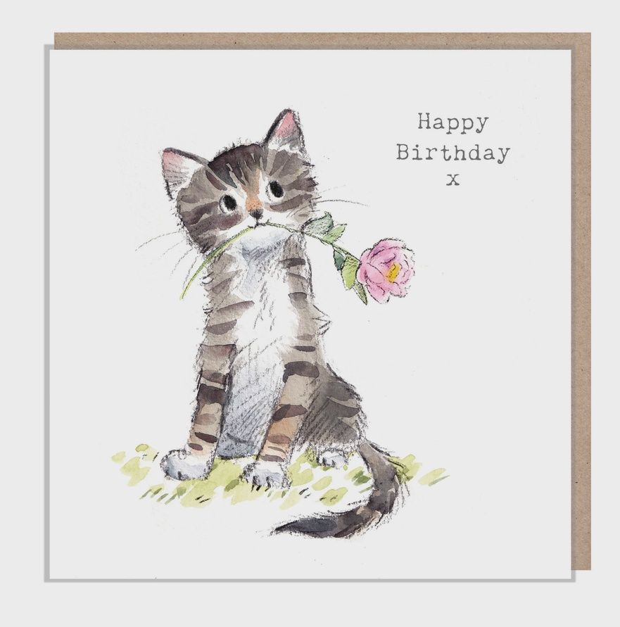 Birthday Card - Cute Cat, Tabby with Flower
