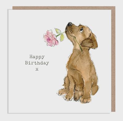 Birthday Card - Cute Dog, Chocolate Lab with Pink Rose