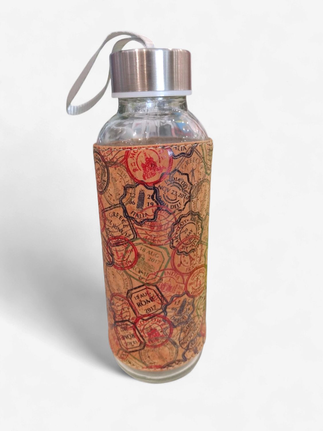 Glass Drink Bottle, Passport Stamp Design by Neobottle