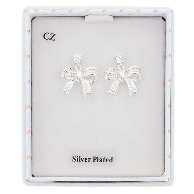 Eternal Bow Modern Baguette Bow Silver Plated Earrings