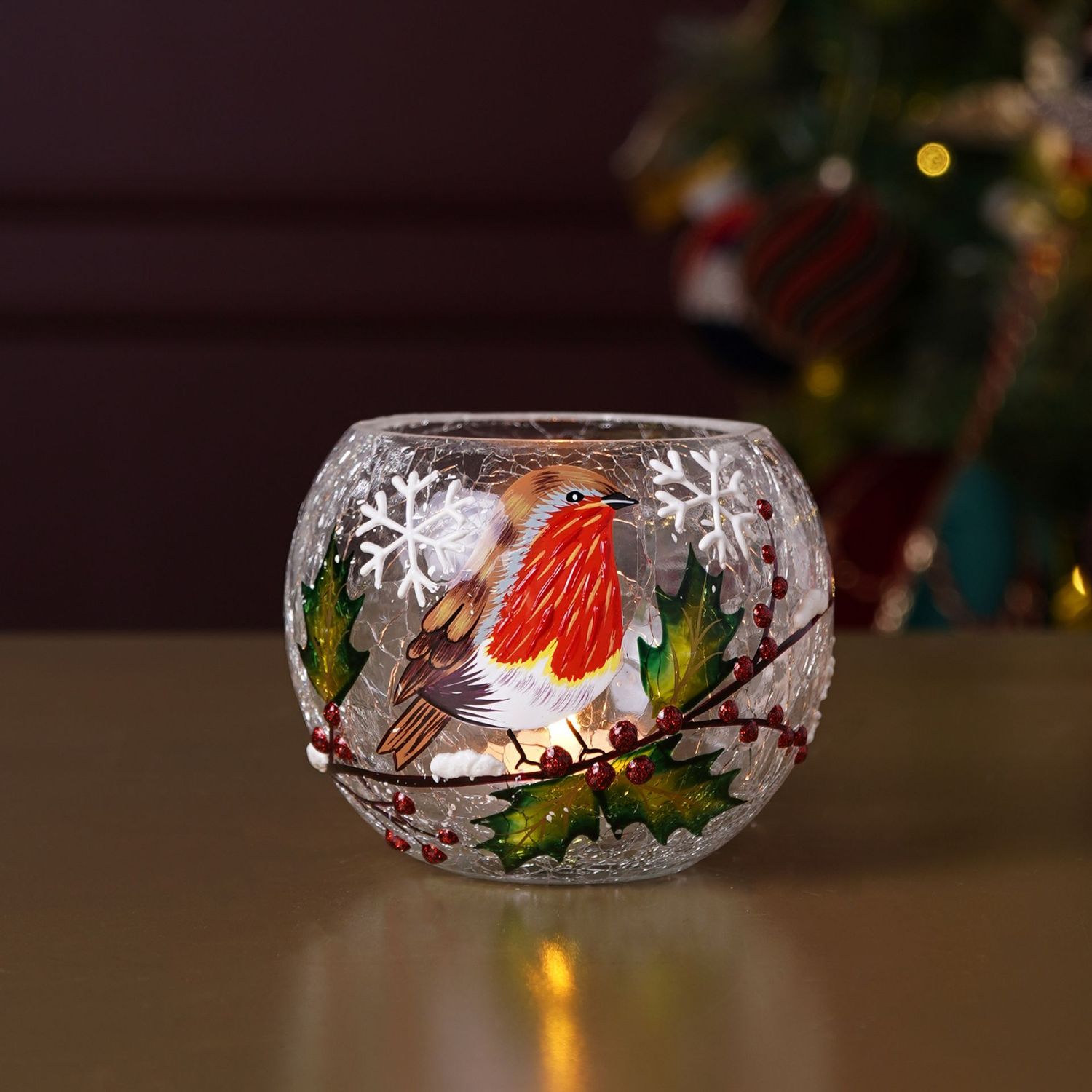 Regal Tidings Crackle Effect Tea Light Holder Robin Design