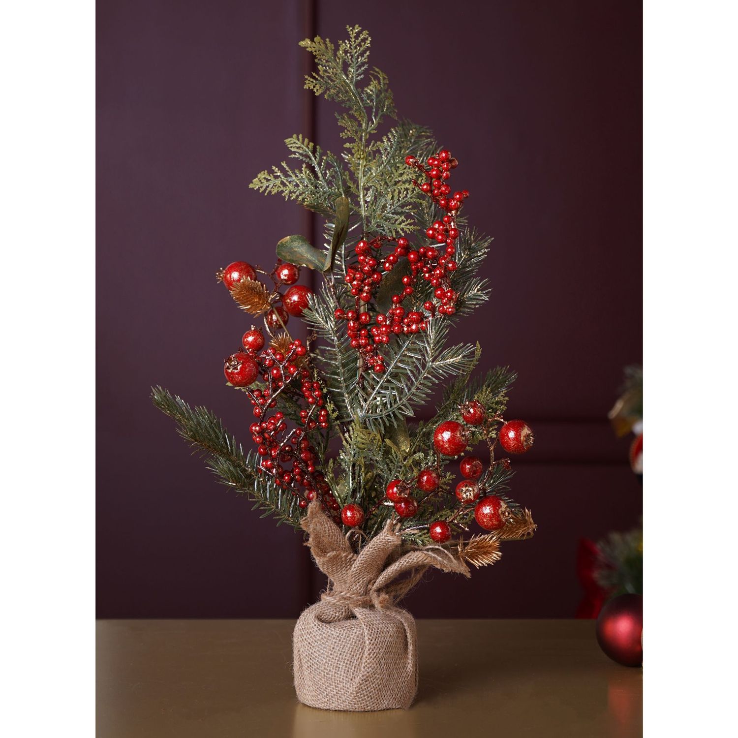 Regal Tidings Golden Sparkle Miniature Tree Pine Foliage Red Berries In Jute Bag