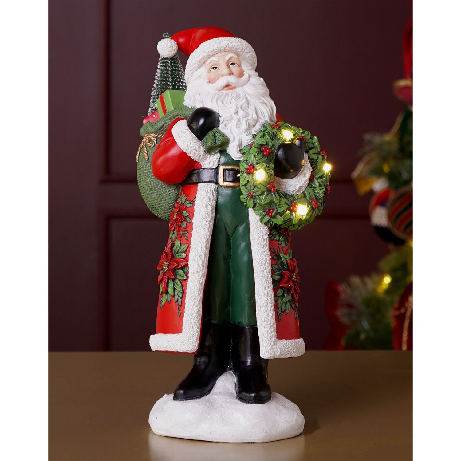 Santa with Sack Wearing Poinsettia Pattern Coat Figurine 32cm