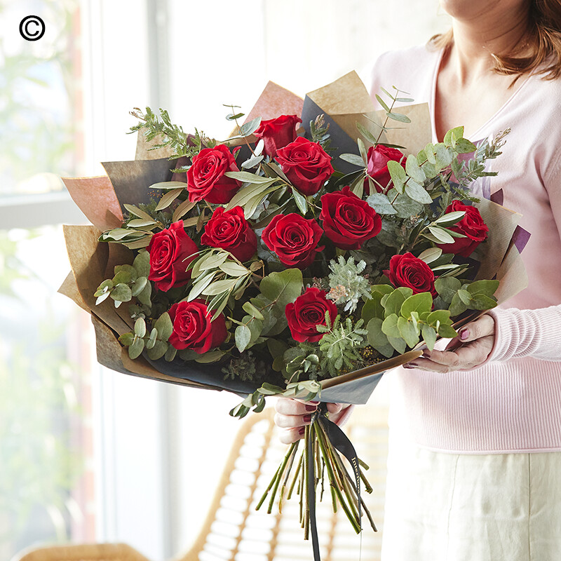 Valentines Luxury Dozen Red Rose Bouquet Aqua