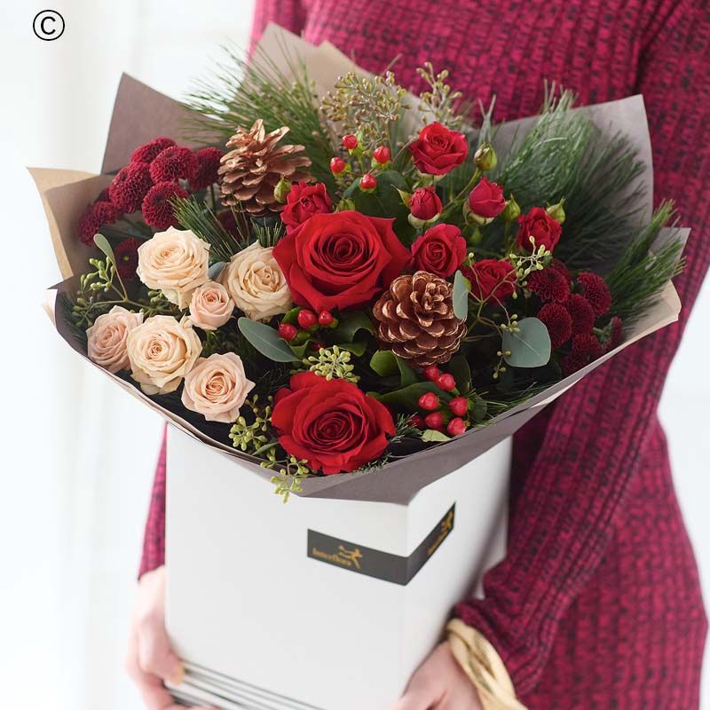 Hand Tied Festive Bouquet - Reds/Plum/Peach - Christmas, Size: Standard £55.50