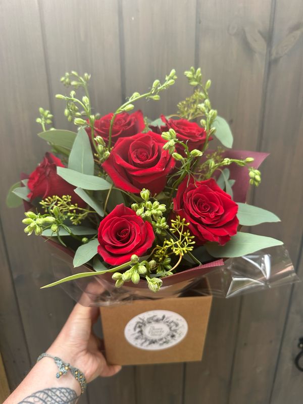 Valentines Six Red Roses Bouquet Aqua