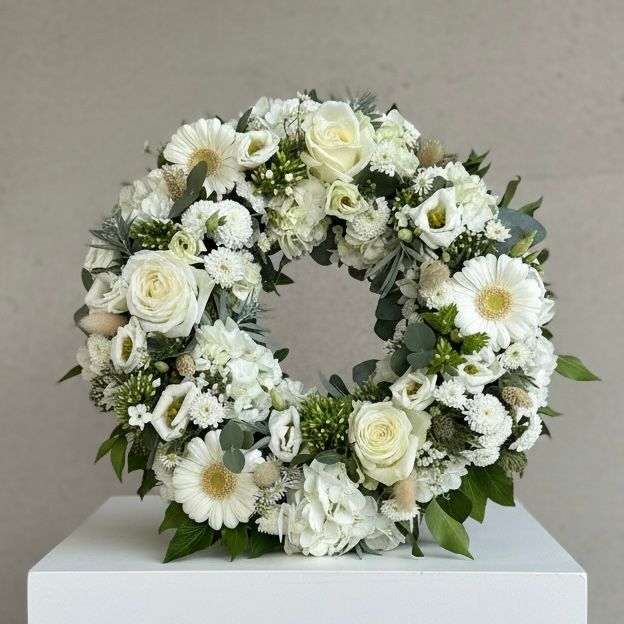 Beautiful white funeral wreath full of flowers for funeral delivery to Milton Keynes, Newport Pagnell, Northants, Beds