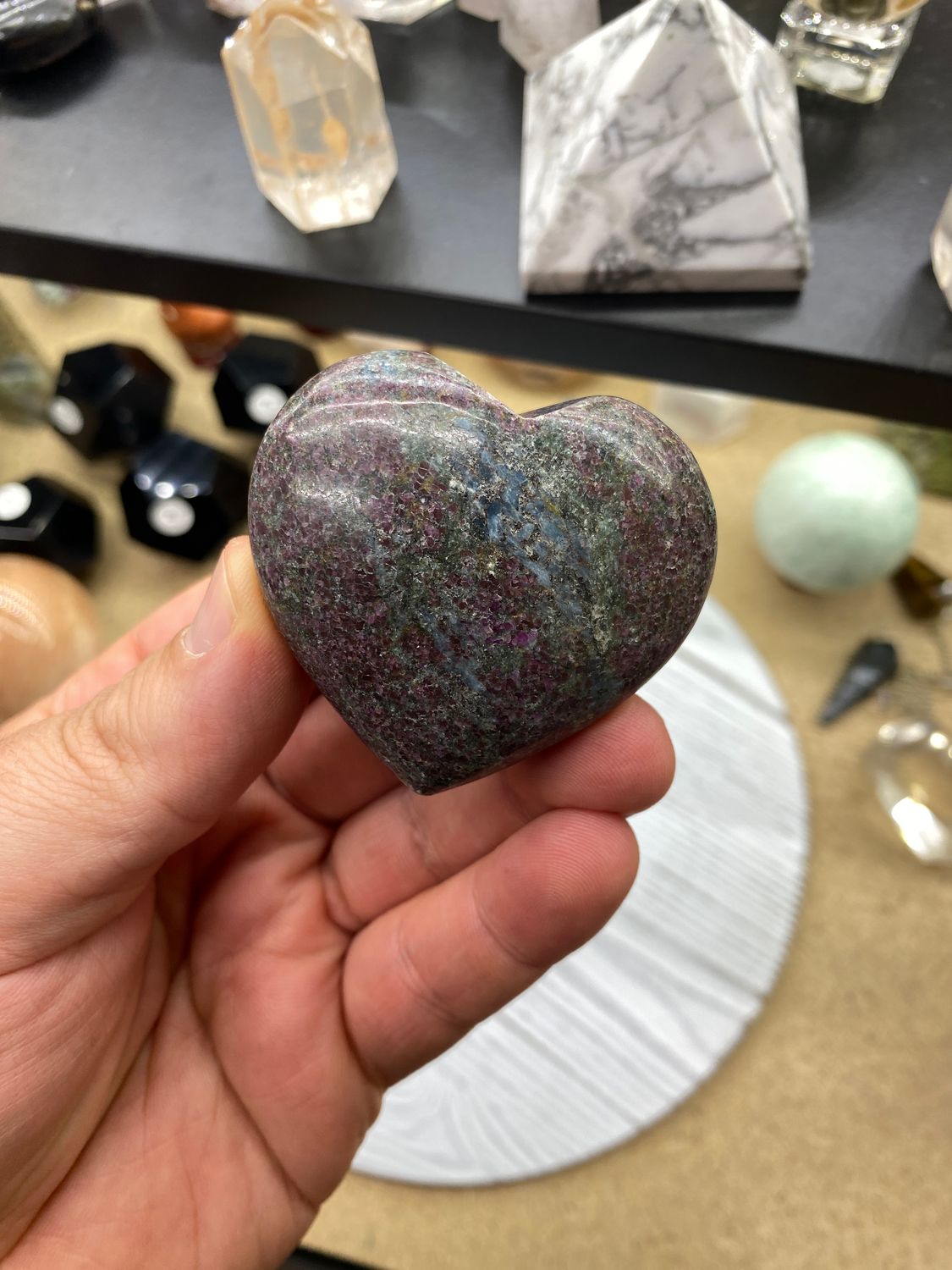 Ruby, Kyanite, Fuchsite Heart Carving (UV Reactive)