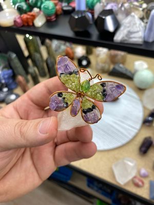 Copper Wire Butterfly with Gemstone Inlay on Natural Quartz