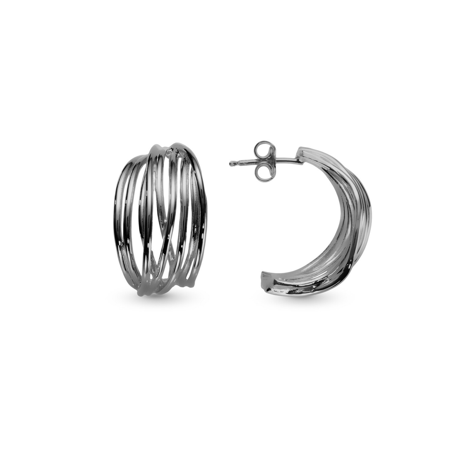 Polished Multi-Row Black Silver Earrings