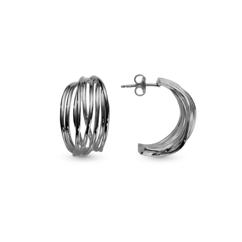 Polished Multi-Row Black Silver Earrings