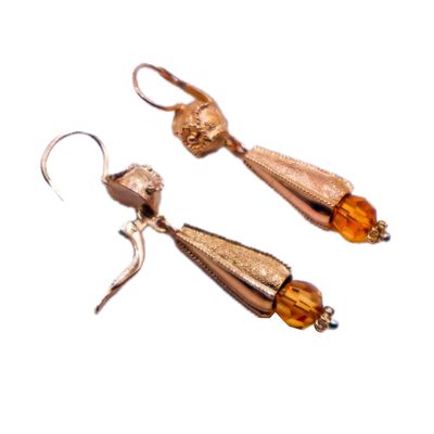Orecchini vintage anni ’50 in oro 18 kt con pendenti allungati e quarzo citrino sfaccettato arancione