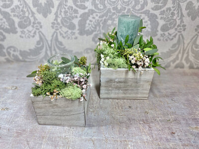 Trockenblumengesteck Holz weiß-grün , Tischdekoration zu festlichen Anlässe