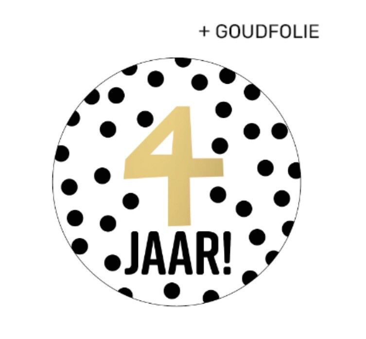 KP® Inpakken - Stickers D40mm - 4 jaar! + stippen wit/zwart+goud Per 10 Stks