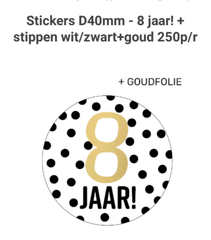 KP® Inpakken - Stickers D40mm - 8 jaar! + stippen wit/zwart+goud Per 10 Stks