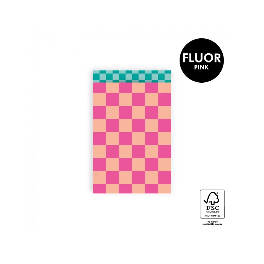 HOP Cadeauzakje - Geblokt Fluor pink en Turquoise M 25 Stks
