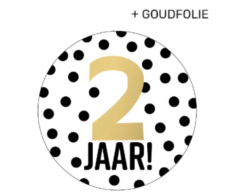 Inpakken - Stickers D40mm - 2 jaar! + stippen wit/zwart+goud Per 50 Stks