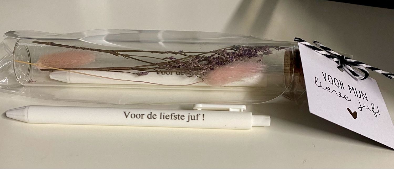 Glazen Buisje Droogbloemen Met Pen Voor De Liefste Juf! Glazen Buisje Droogbloemen Met Pen Voor De Liefste Juf!