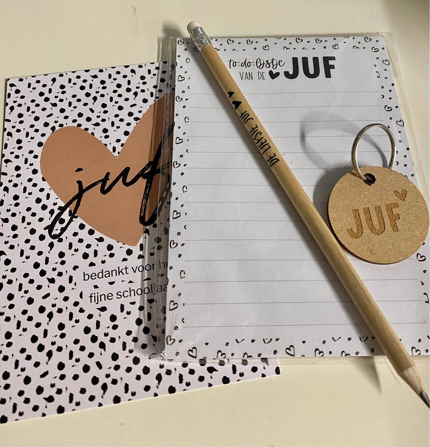 Cadeausetje To Do Lijstje Van De Juf Notitieblok Pen Sleutelhanger en Invulkaart