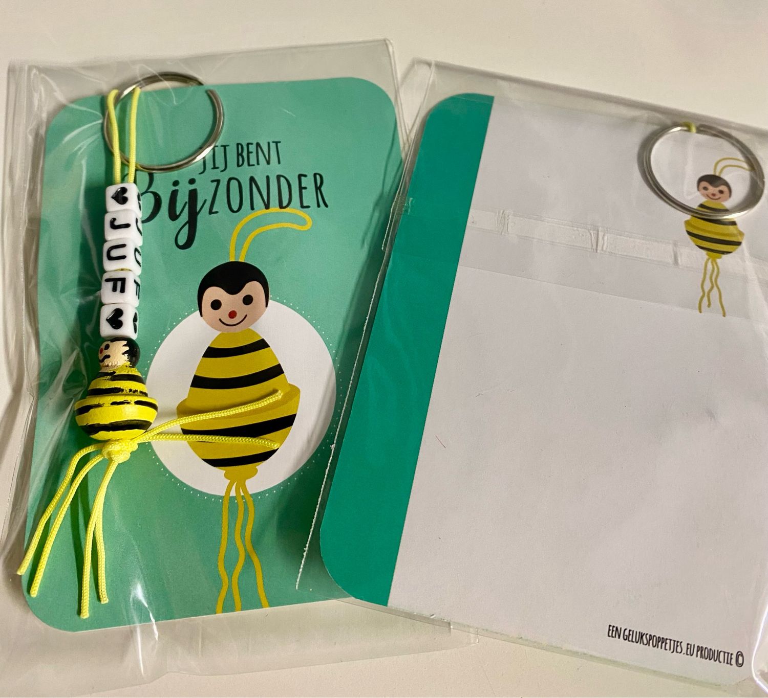 Gelukspresentje Jij bent BIJ-zonder Juf MINI Kaartje Met Gelukspoppetje Sleutelhanger